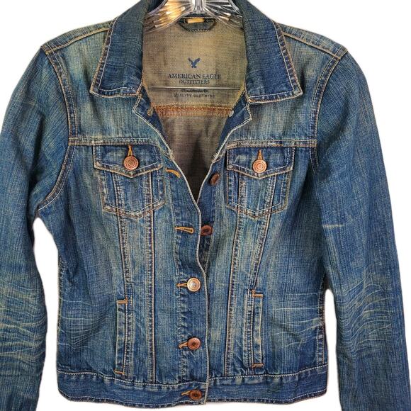 American Eagle Blue Jean Distressed Jacket Denim Trucker Women's Sz Small - Picture 2 of 10
